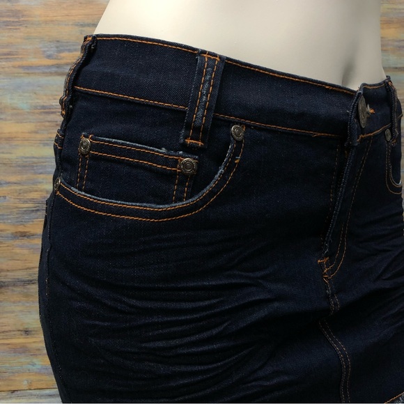 Denim Mini Skirt Embroidered Fringe Raw Hem - Picture 5 of 13